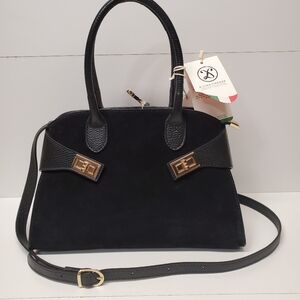 Divina Firenze Elegant Black Italian Genuine Leather Suede Handmade Satchel